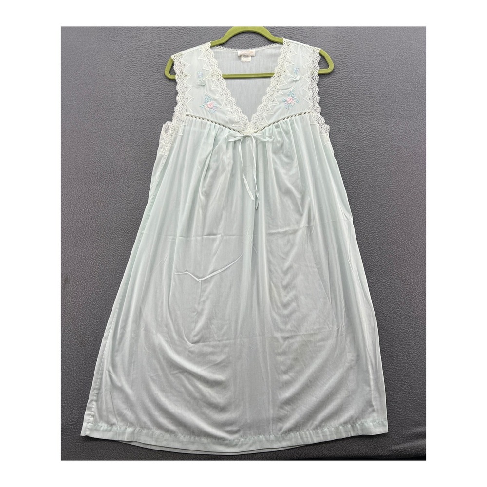 VTG Barbizon Nightgown Womens Sz M Light Blue Lace Trim Floral Embroidered